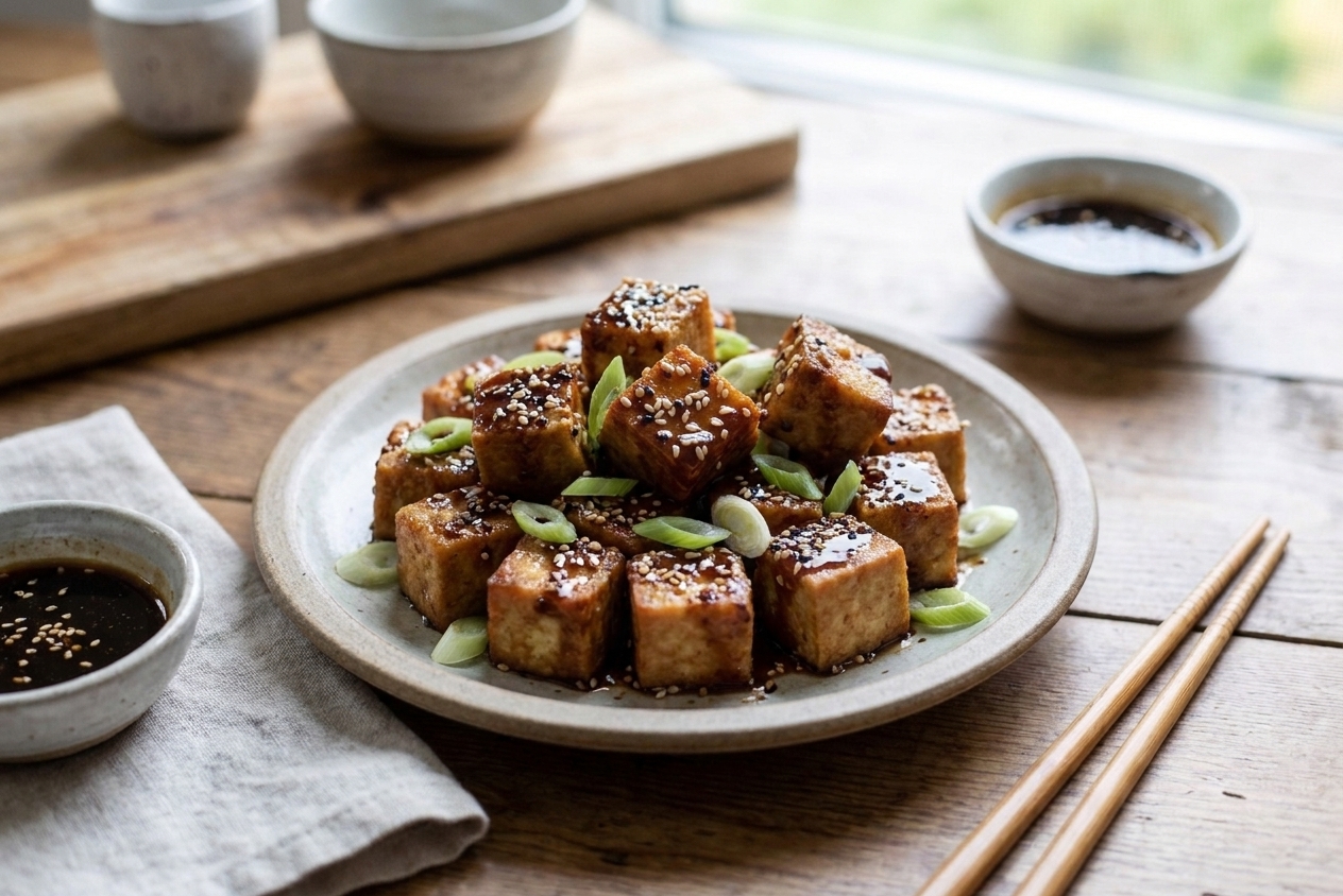 A plated serving of crispy baked sesame tofu glazed in a glossy sesame-soy sauce, topped with sesame seeds and sliced scallions on a stoneware plate on a warm kitchen table