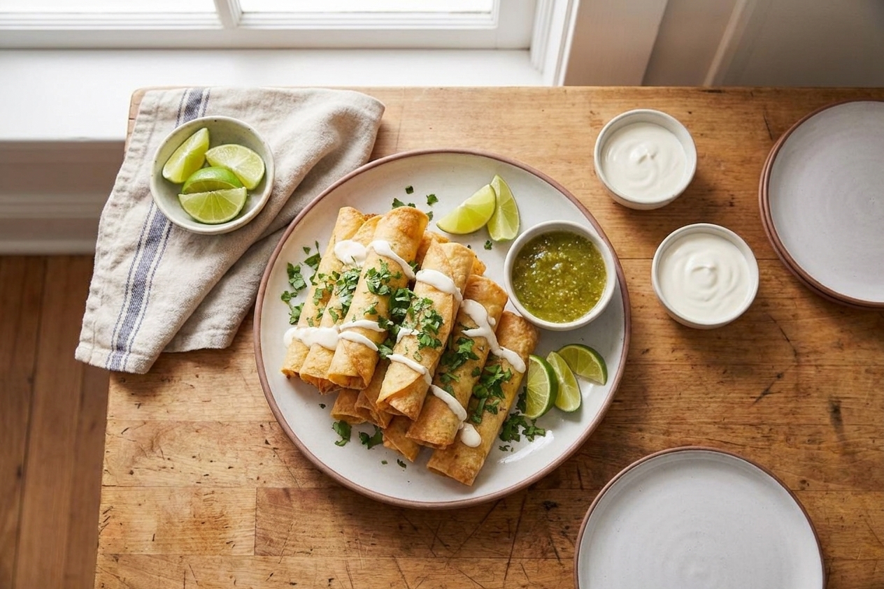 A plated serving of crispy chicken flautas topped with crema, served with salsa verde and lime wedges on a simple dinner table