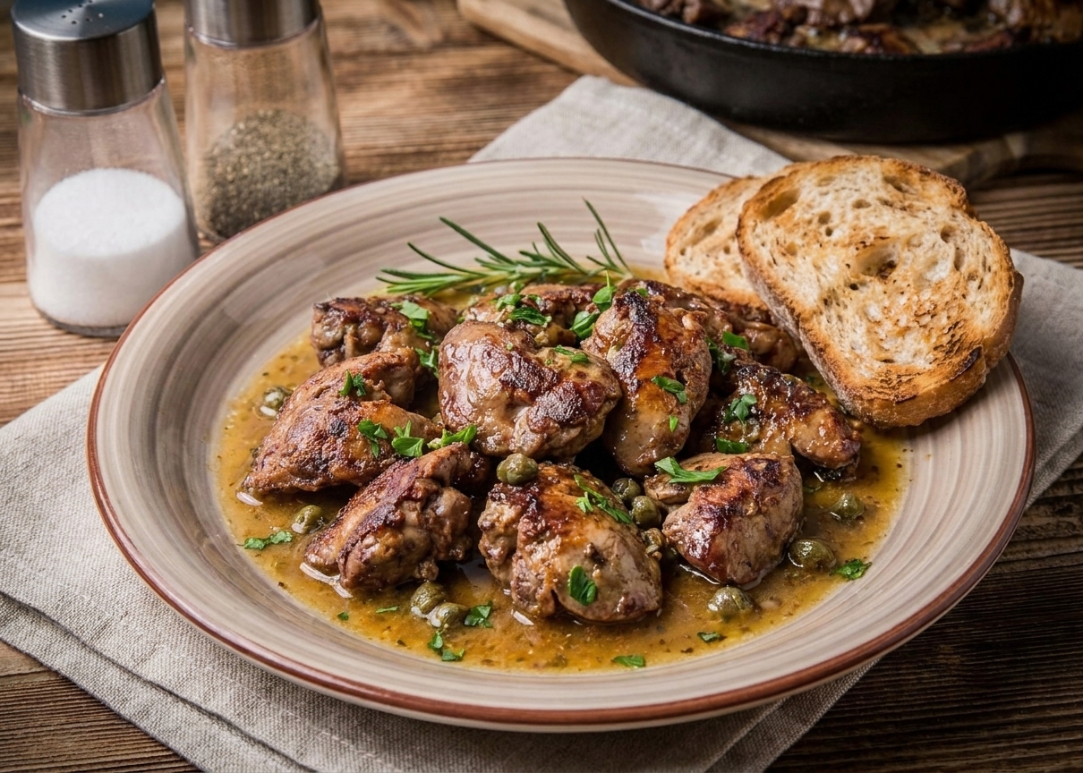 A plated serving of crispy chicken livers spooned with lemon caper butter sauce and parsley, served with toasted bread on a simple dinner table setting