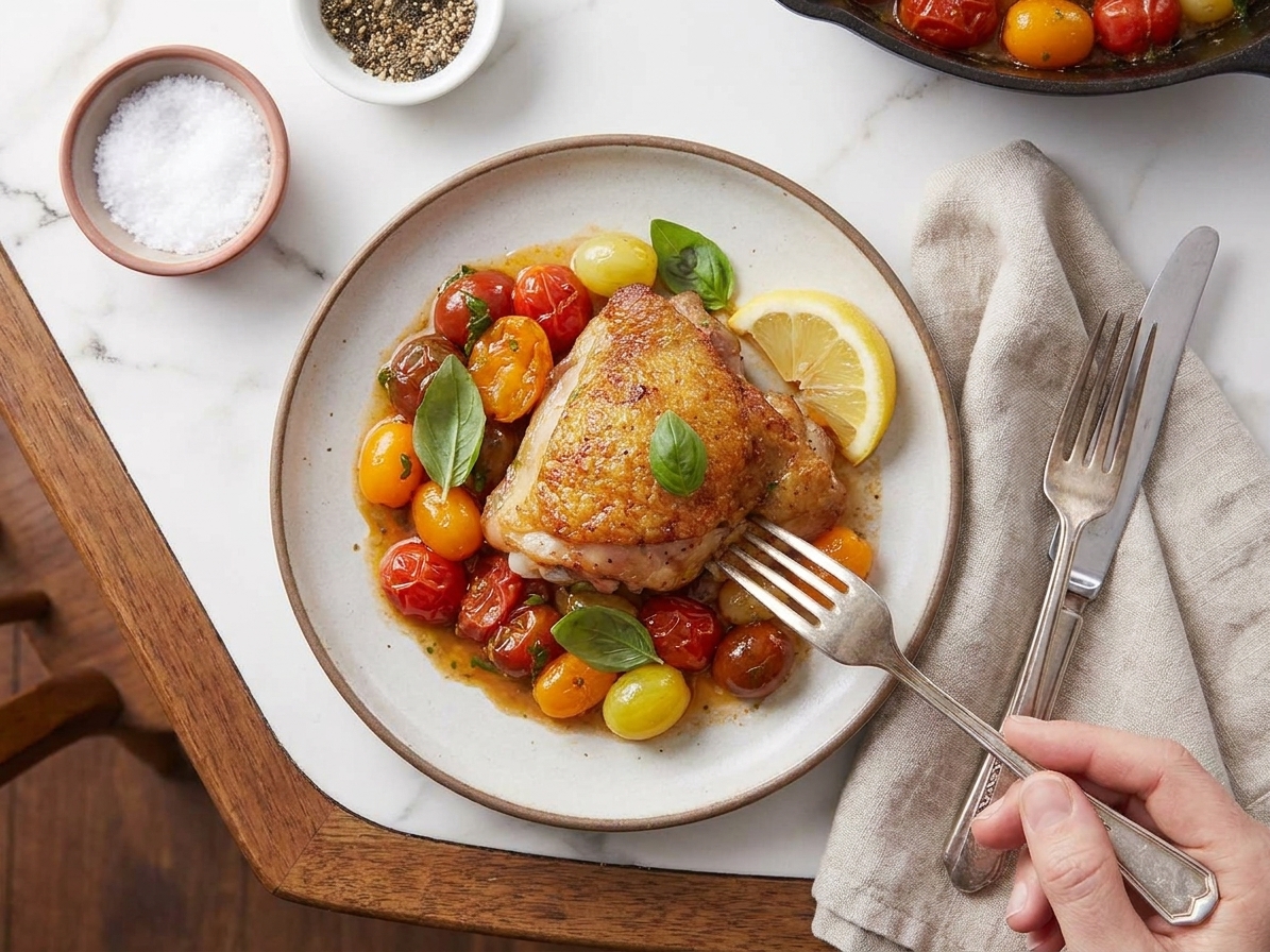 A plated serving of crispy chicken thigh topped with burst tomato sauce and basil, with a lemon wedge on the side at a dinner table