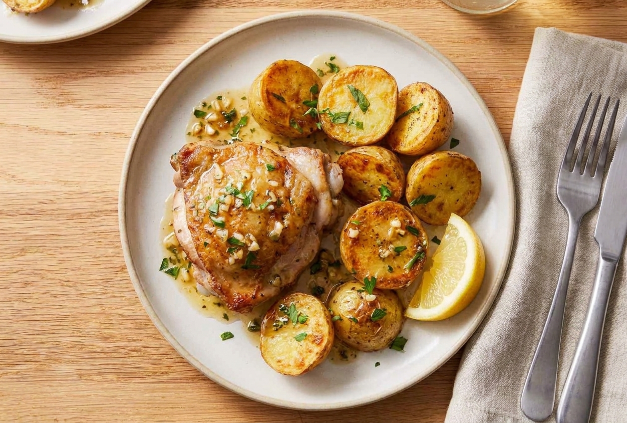 A plated serving of crispy chicken thigh with roasted potatoes, glossy lemon garlic sauce, and parsley on a simple dinner plate at a wooden table