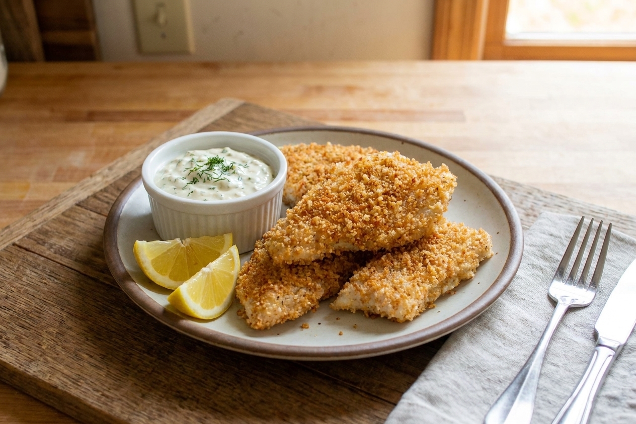 A plated serving of crispy fried fish with lemon wedges and a small ramekin of tartar sauce on a simple dinner table setting