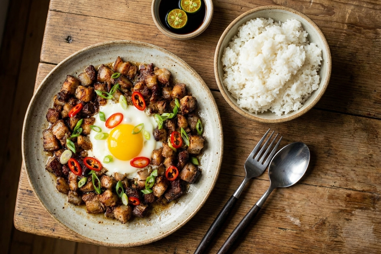 A plated serving of crispy pork sisig beside a bowl of steamed white rice on a wooden table with simple dinnerware