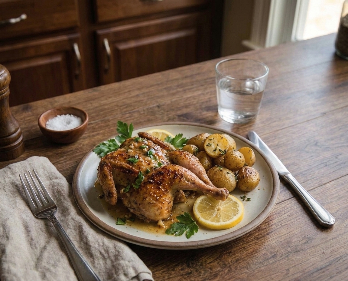 A plated serving of crispy quail with lemon garlic pan sauce, parsley, and roasted potatoes on a dinner table with simple table settings