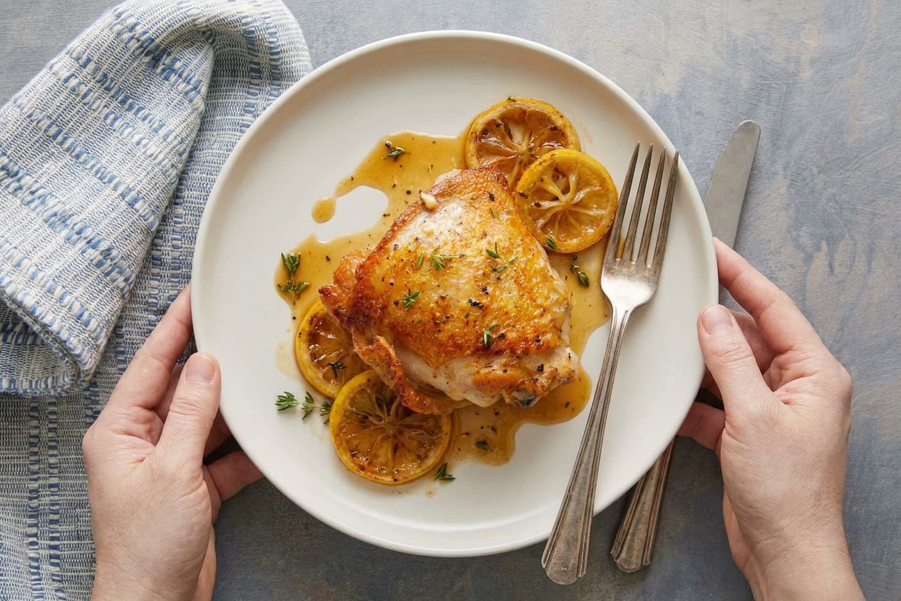 A plated serving of crispy roasted chicken thighs with caramelized lemon and a glossy pan sauce on a simple dinner plate