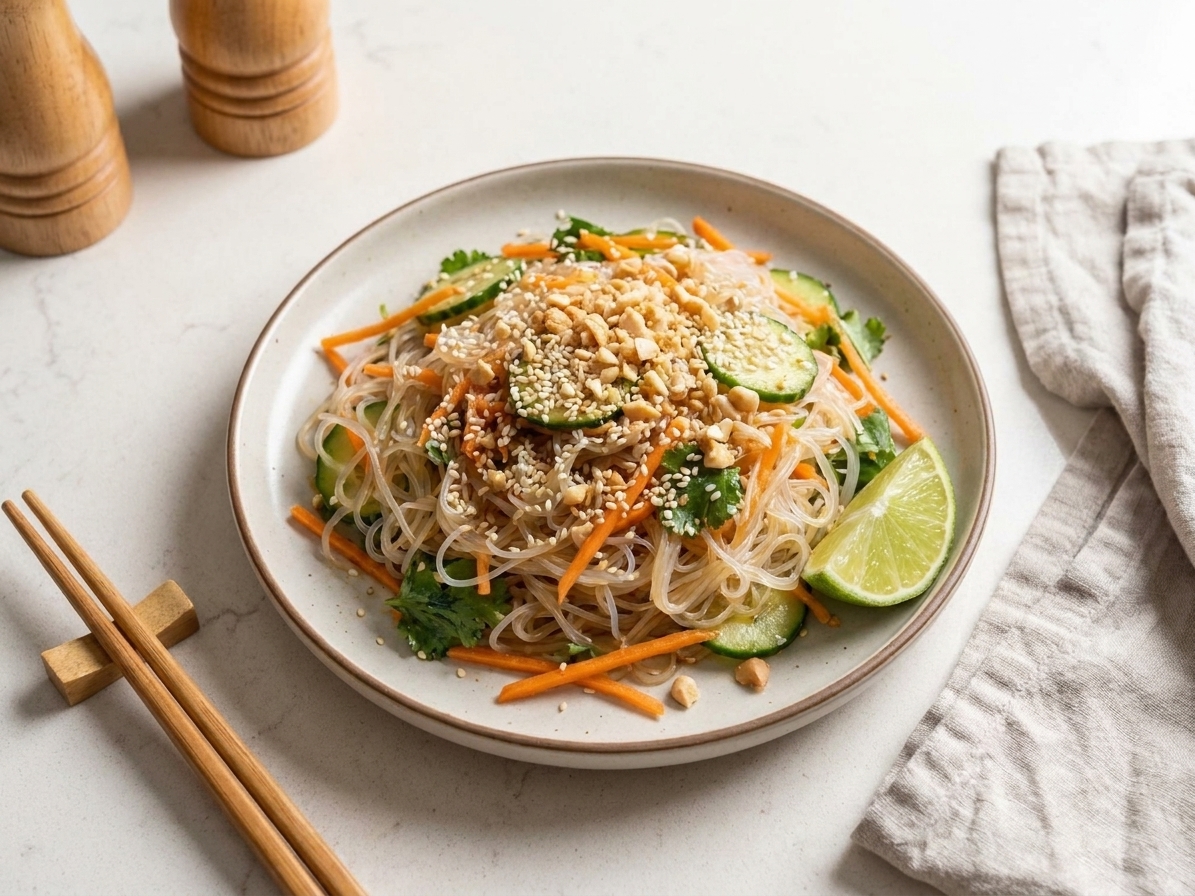 A plated serving of crystal noodle salad topped with sesame seeds and chopped peanuts, set on a simple dinner table with chopsticks and a lime wedge