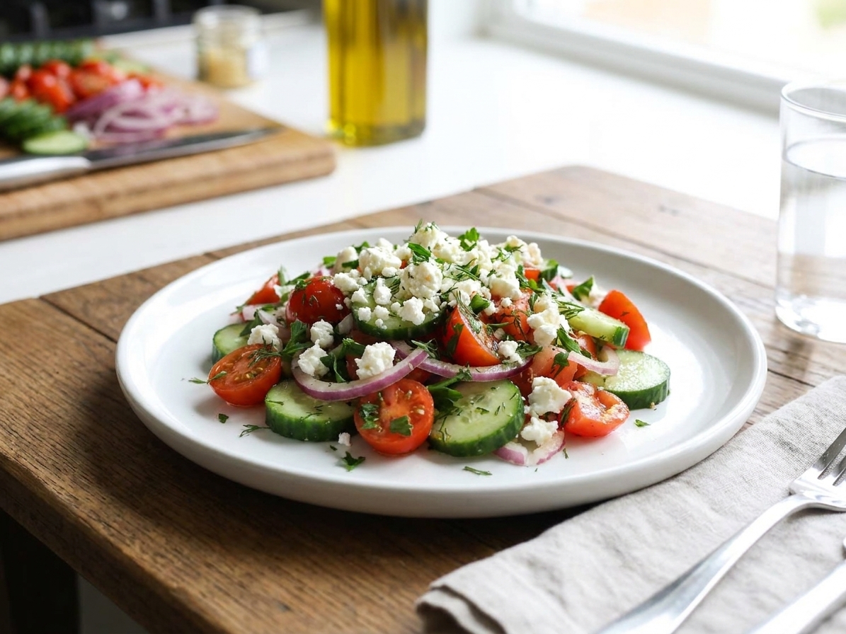 A plated serving of cucumber and tomato salad topped with fresh herbs and crumbled feta on a simple dinner table setting