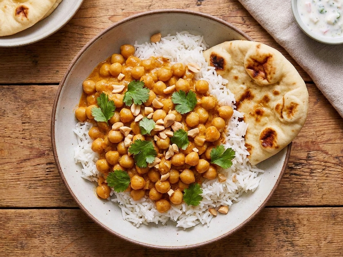 A plated serving of curry garbanzo beans over basmati rice with naan on the side, garnished with fresh cilantro on a wooden table