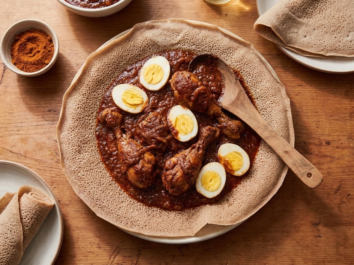 A plated serving of doro wat with chicken and egg, served with injera on a simple dinner table with warm lighting