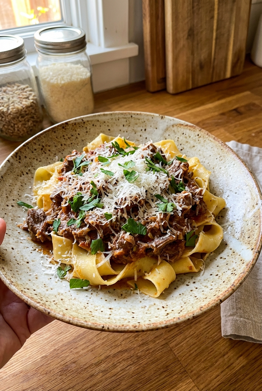 A plated serving of earthy Italian beef over pappardelle topped with grated Parmesan and parsley on a ceramic plate