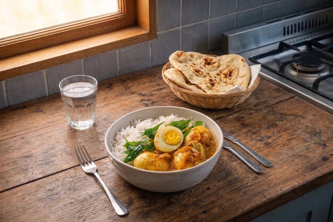 A plated serving of egg curry over basmati rice with cilantro garnish, served at a simple family dinner table with naan on the side