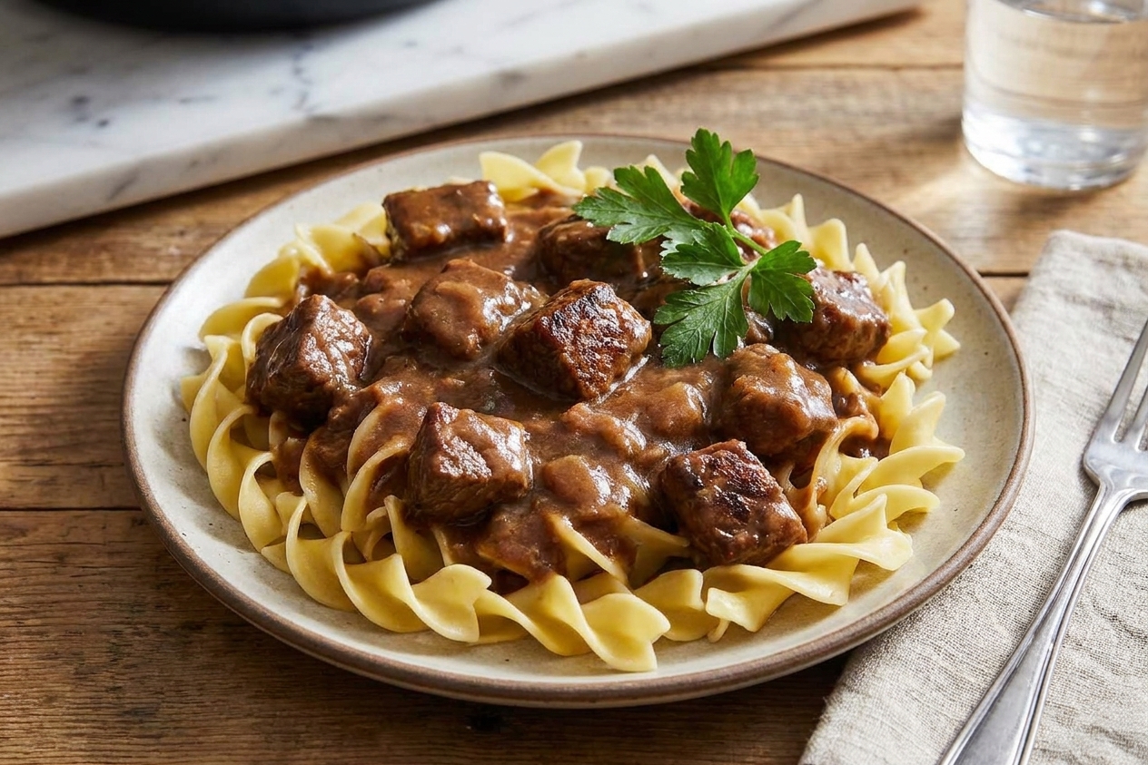 A plated serving of egg noodles topped with tender beef tips and thick brown gravy on a simple dinner table setting