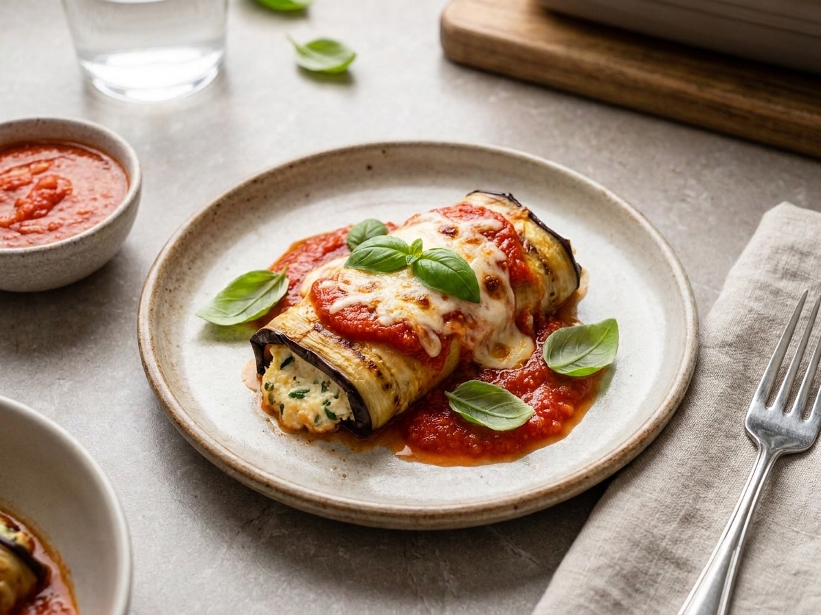 A plated serving of eggplant rollatini topped with marinara, melted mozzarella, and fresh basil on a simple dinner table setting