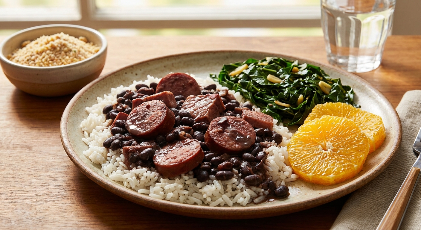 A plated serving of feijoada over rice with collard greens and orange slices