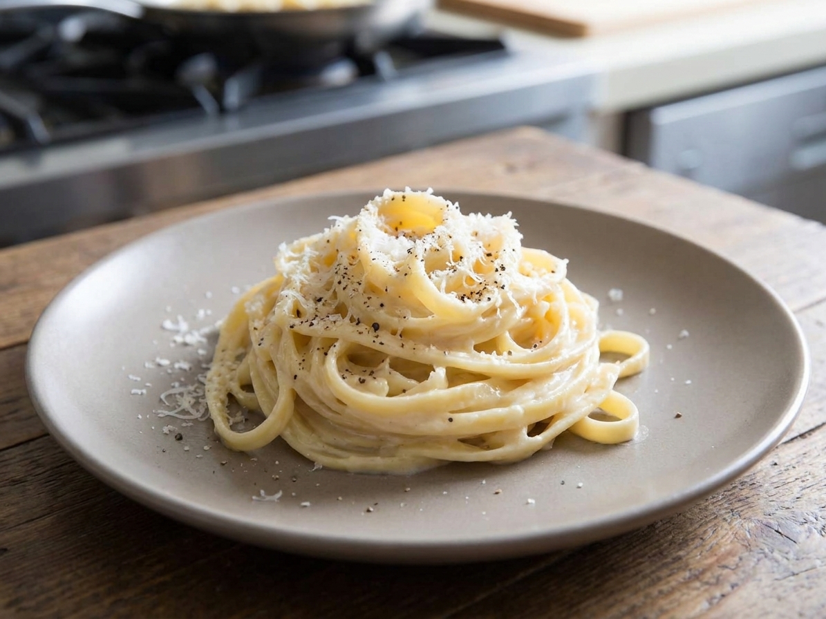 A plated serving of fettuccine Alfredo with a dusting of Parmesan and black pepper on a neutral-toned dinner plate