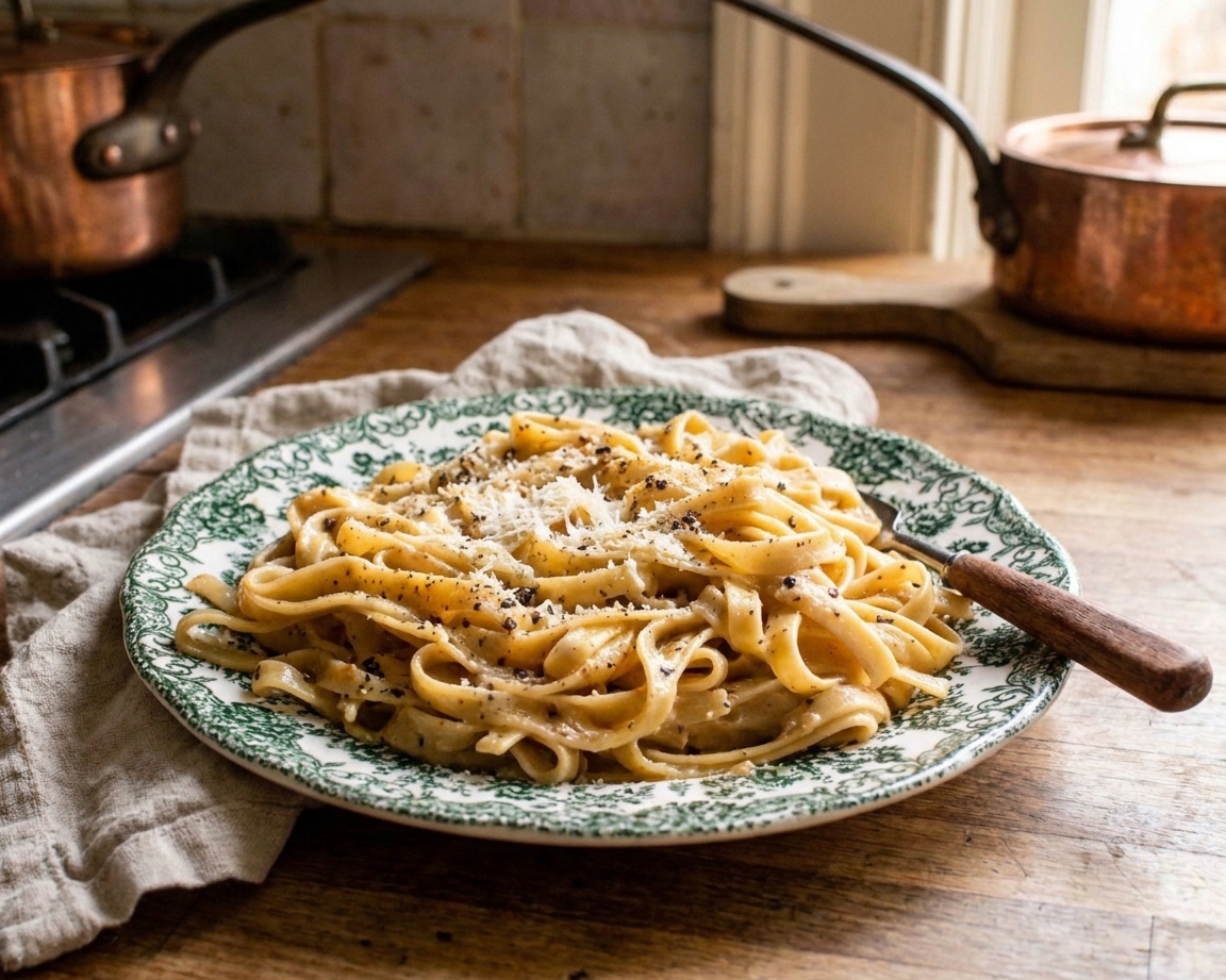 A plated serving of fettuccine Alfredo with extra Parmesan and cracked black pepper on top, set on a simple dinner table