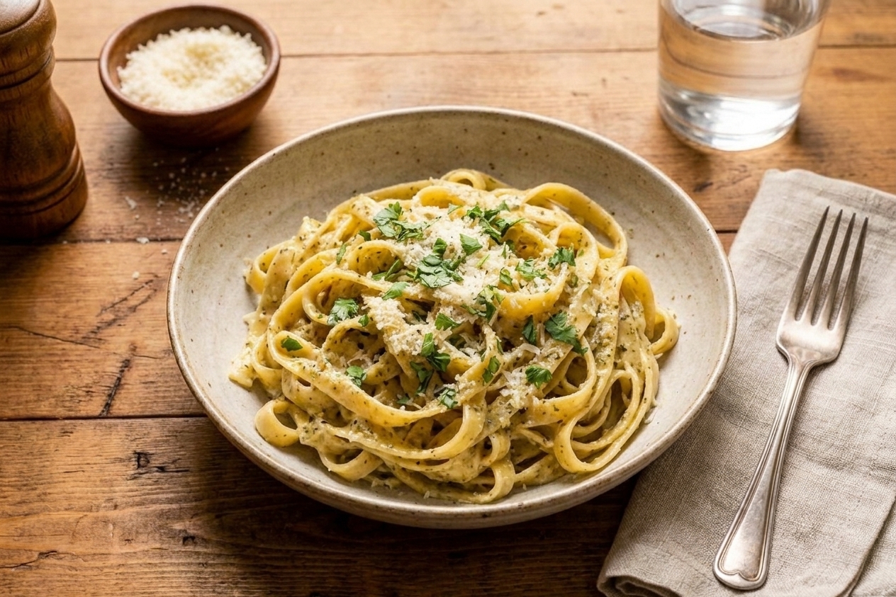 A plated serving of fettuccine coated in creamy salsa Alfredo sauce with extra Parmesan on top, set on a simple dinner table
