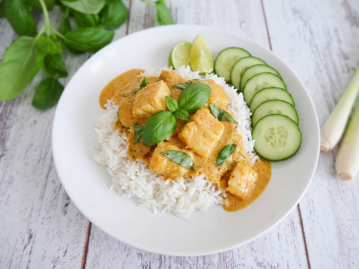 A plated serving of fish amok curry spooned over jasmine rice with cucumber slices and lime wedges on a simple table setting