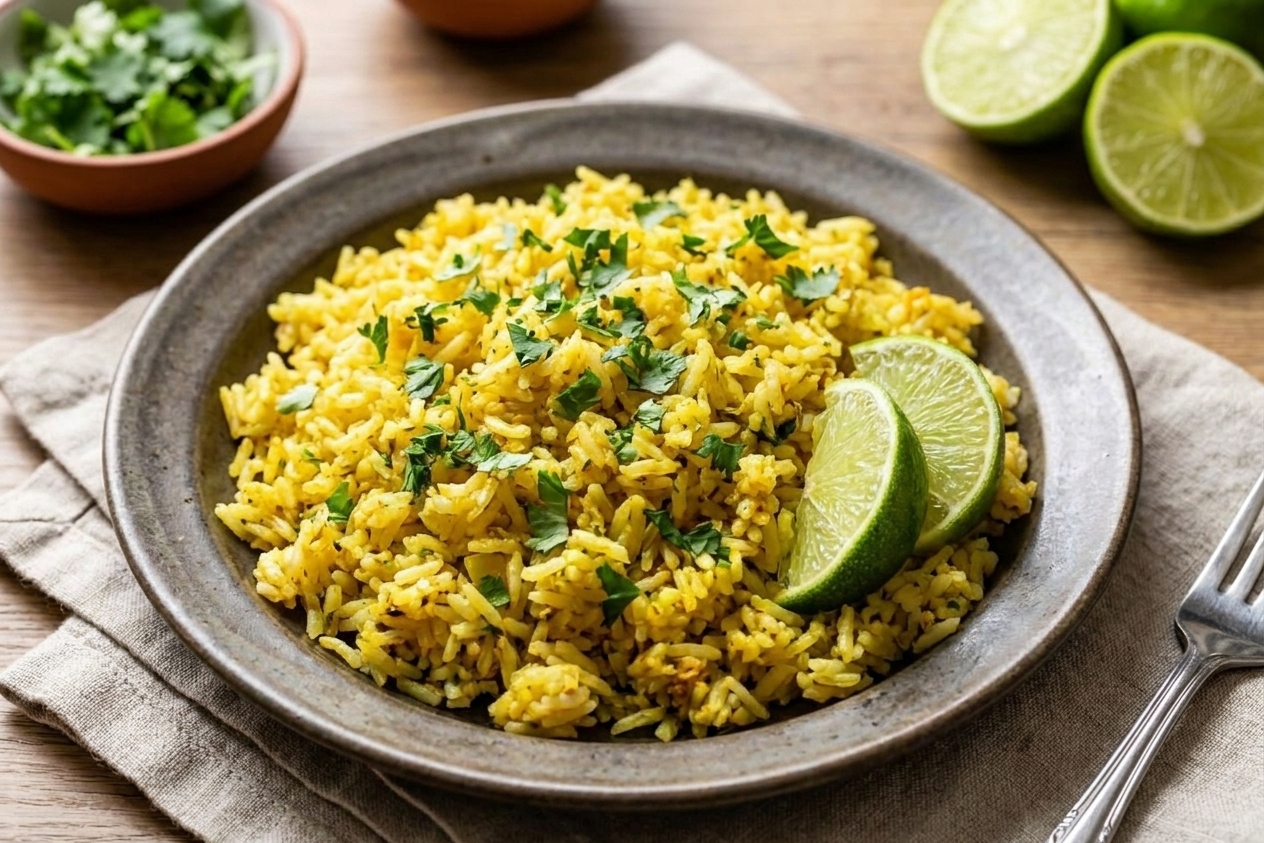 A plated serving of fluffy seasoned rice on a ceramic plate with a lime wedge and scattered chopped herbs, set on a simple dinner table
