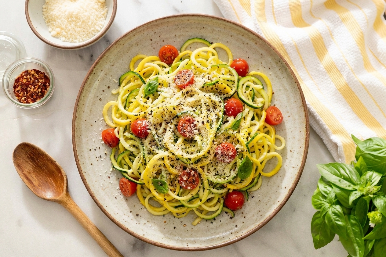 A plated serving of garlic Parmesan courgette noodles with extra grated Parmesan and cracked black pepper