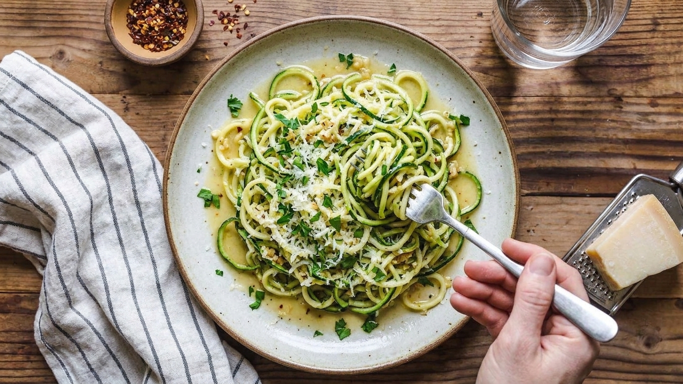 A plated serving of garlic Parmesan zucchini noodles topped with parsley and extra grated cheese on a simple dinner table setting
