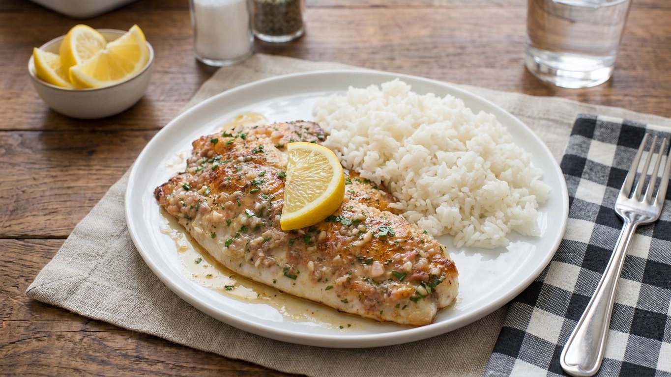 A plated serving of garlic butter baked tilapia with lemon wedges and parsley, served with rice on a simple dinner table setting