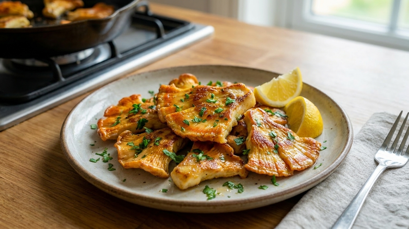 A plated serving of garlic butter chicken of the woods mushrooms topped with chopped parsley and lemon wedges on a simple ceramic plate at a dinner table
