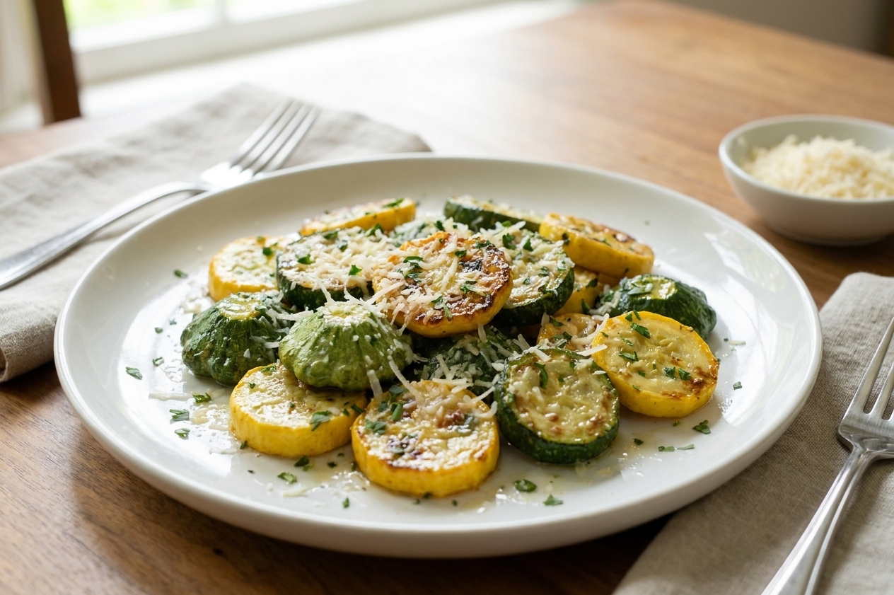 A plated serving of garlic butter patty pan squash topped with grated Parmesan and chopped herbs, set on a simple dinner table