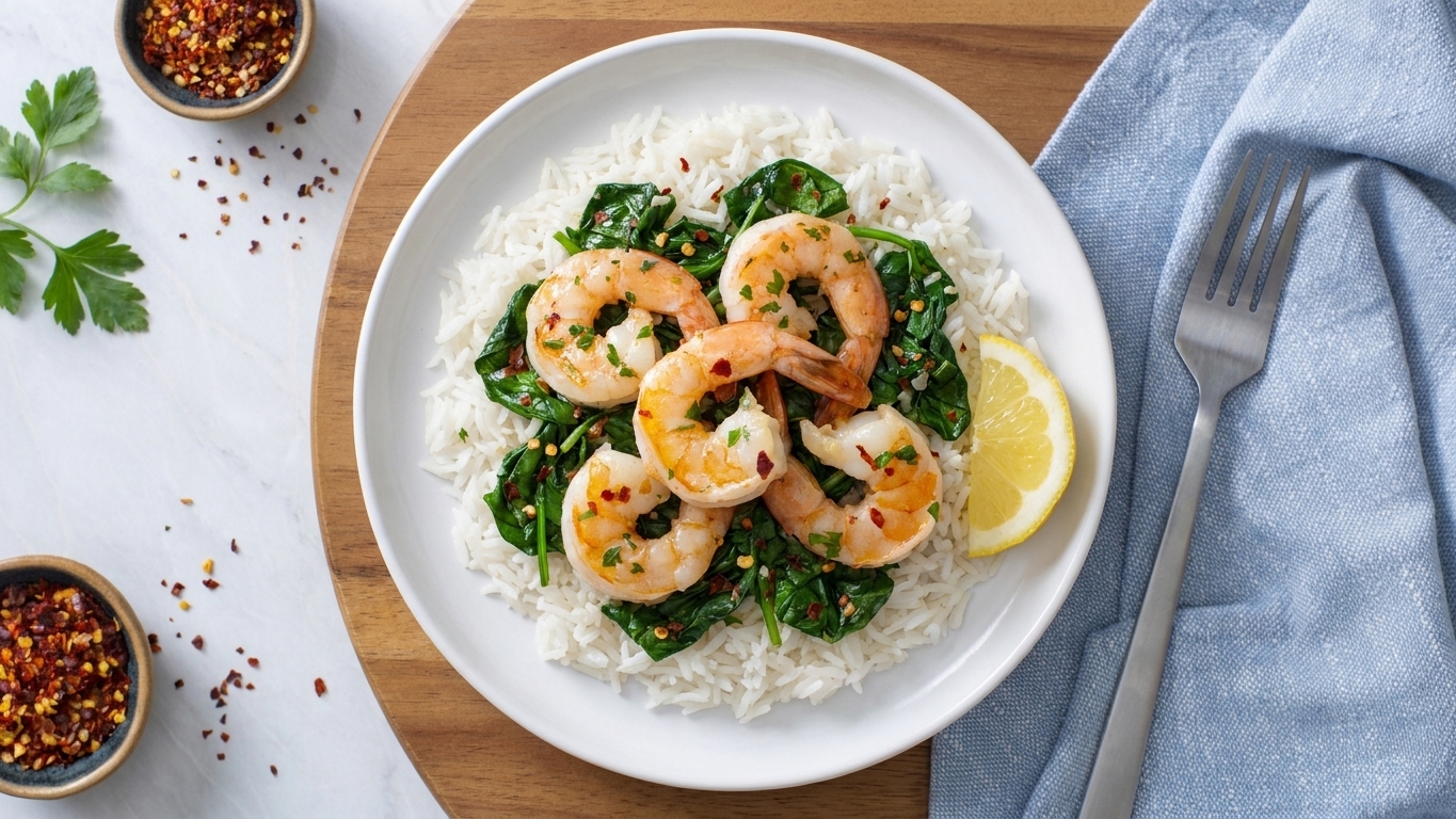 A plated serving of garlic butter shrimp and spinach on white rice with a lemon wedge and fork on a simple dinner table setting