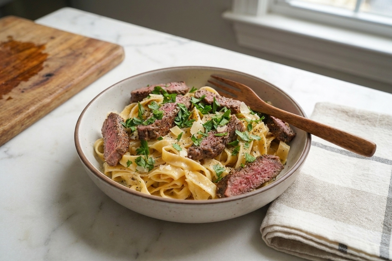 A plated serving of garlic butter steak pasta topped with Parmesan and parsley on a dinner table with a fork and linen napkin