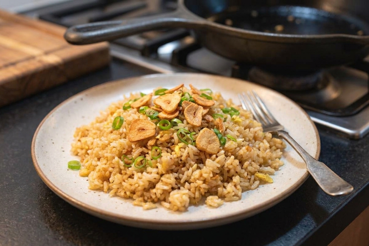 A plated serving of garlic fried rice topped with crispy garlic chips and sliced scallions on a simple ceramic plate with a fork on the side