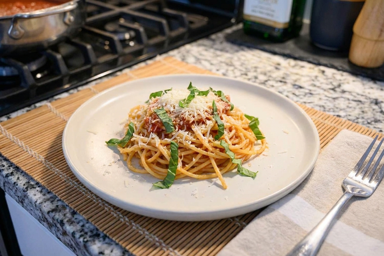 A plated serving of gluten-free pasta topped with grated Parmesan and fresh basil on a simple ceramic plate at a set kitchen table