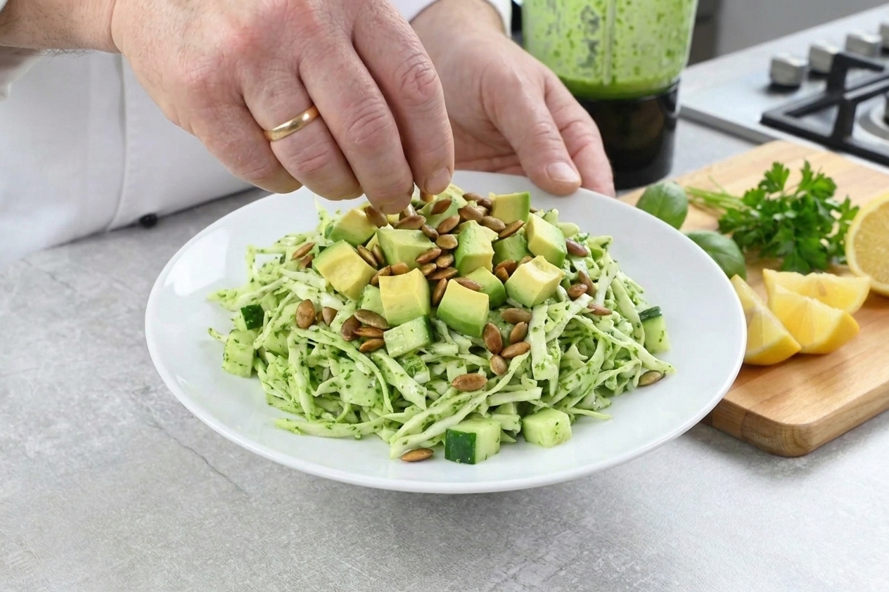 A plated serving of green goddess salad topped with avocado cubes and toasted pepitas on a simple white plate at a dining table