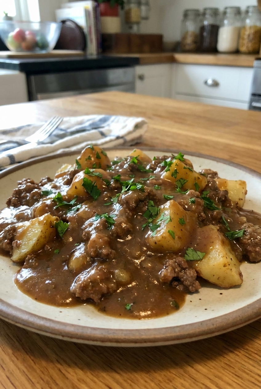 A plated serving of ground beef and potato skillet with gravy and parsley
