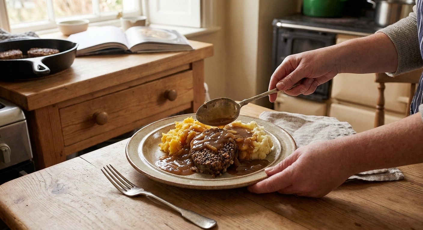 A plated serving of haggis with neeps and tatties, topped with glossy onion gravy on a rustic dinner plate on a warmly lit kitchen table