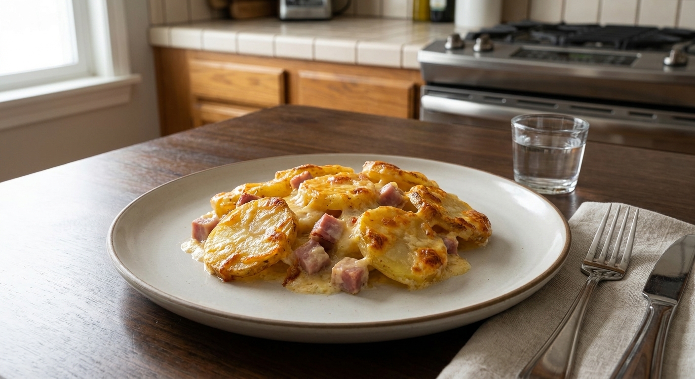 A plated serving of ham and scalloped potatoes with golden edges and creamy sauce on a simple dinner plate at a set table