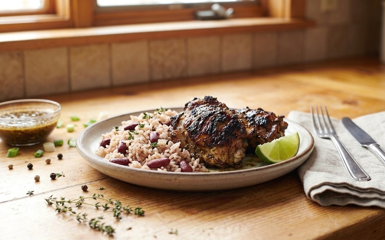 A plated serving of jerk chicken with rice and peas and a lime wedge on a simple dinner table setting