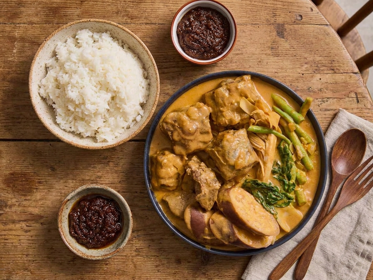 A plated serving of kare kare next to a bowl of white rice and a small dish of bagoong on a dining table