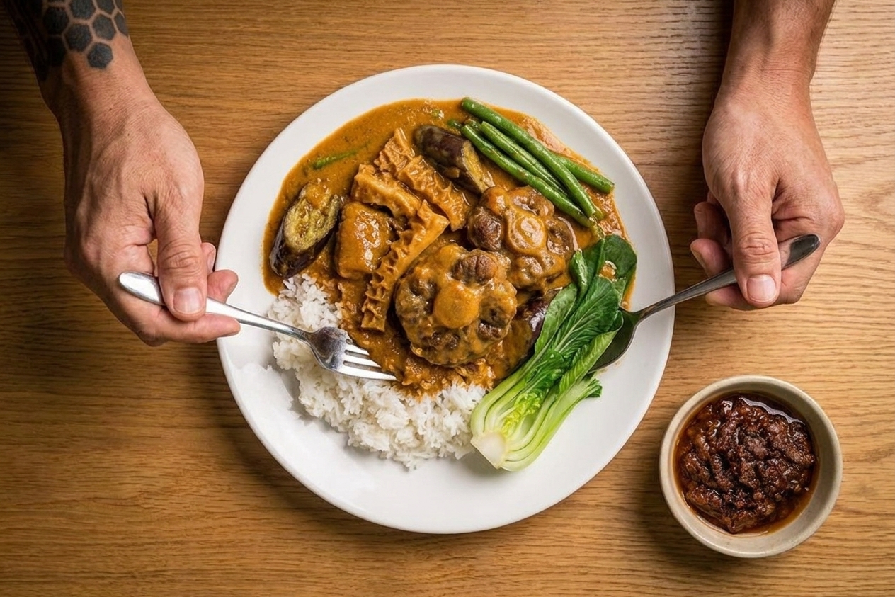 A plated serving of kare-kare over white rice with a small dish of bagoong on the side on a simple dinner table