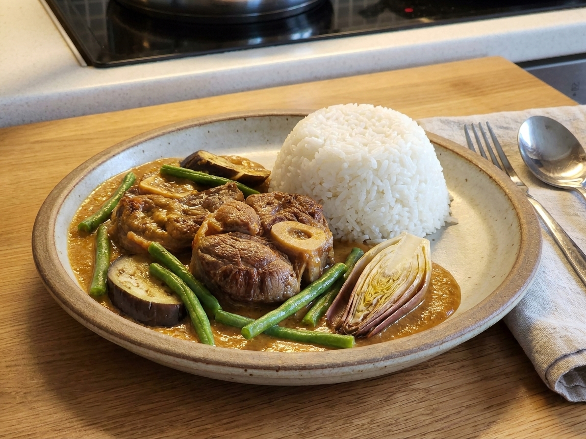 A plated serving of kare-kare with beef and vegetables in peanut sauce next to a mound of steamed rice on a simple dinner table setting