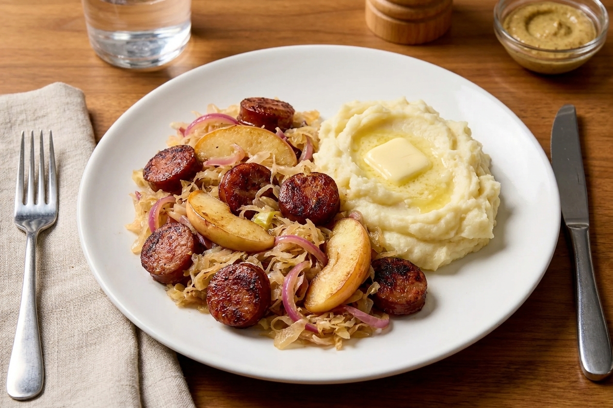 A plated serving of kielbasa and sauerkraut with sautéed onions and apples alongside mashed potatoes on a simple white plate at a dinner table
