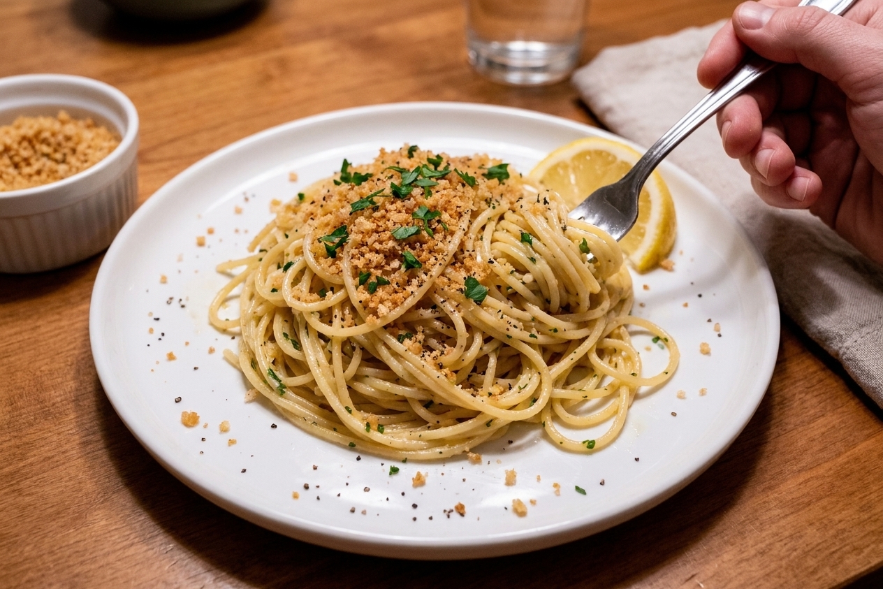 A plated serving of lemon Parmesan pasta topped with toasted breadcrumbs, parsley, and cracked black pepper on a simple dinner table