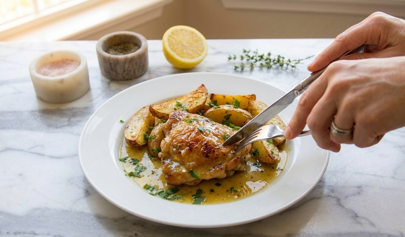 A plated serving of lemon garlic butter chicken with crispy potatoes, parsley scattered on top, and glossy pan sauce pooling on a white dinner plate