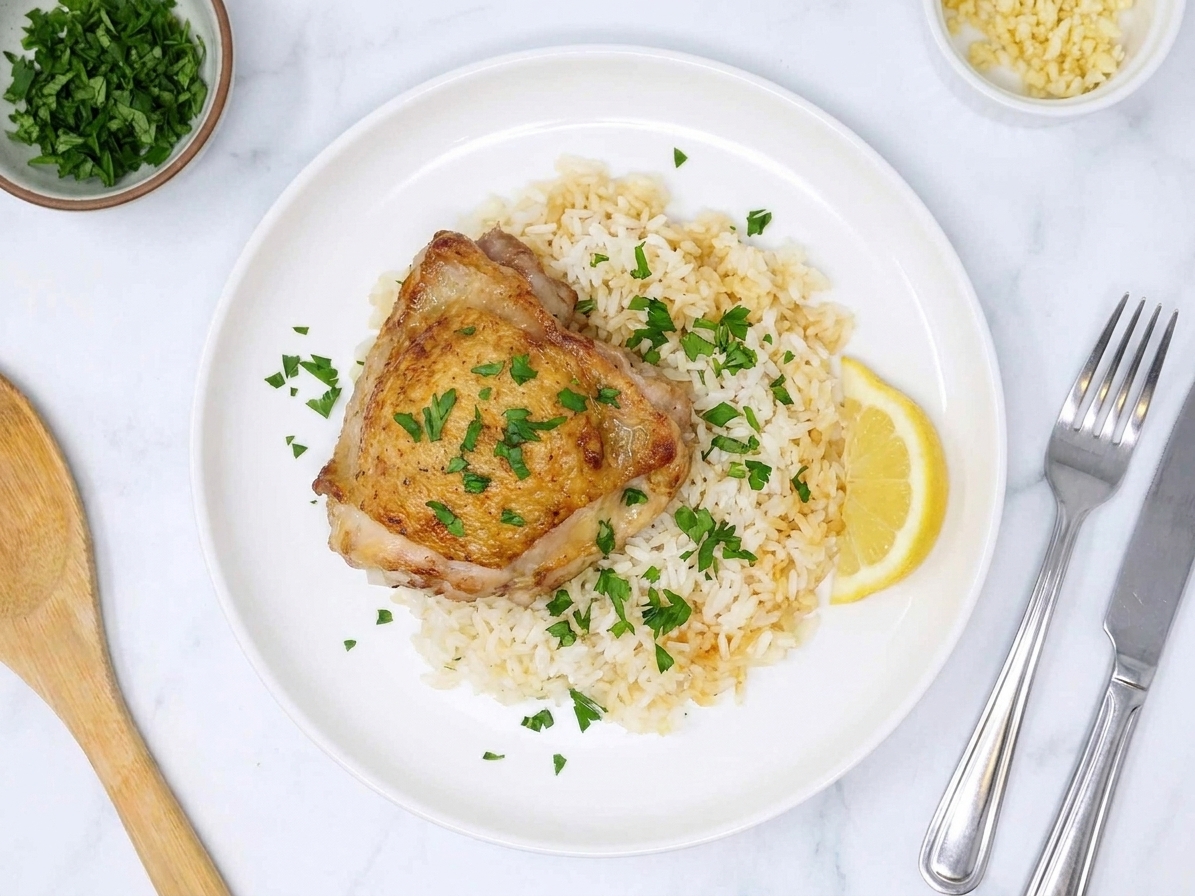A plated serving of lemon garlic chicken thigh over fluffy rice with chopped parsley and a lemon wedge on a simple dinner plate