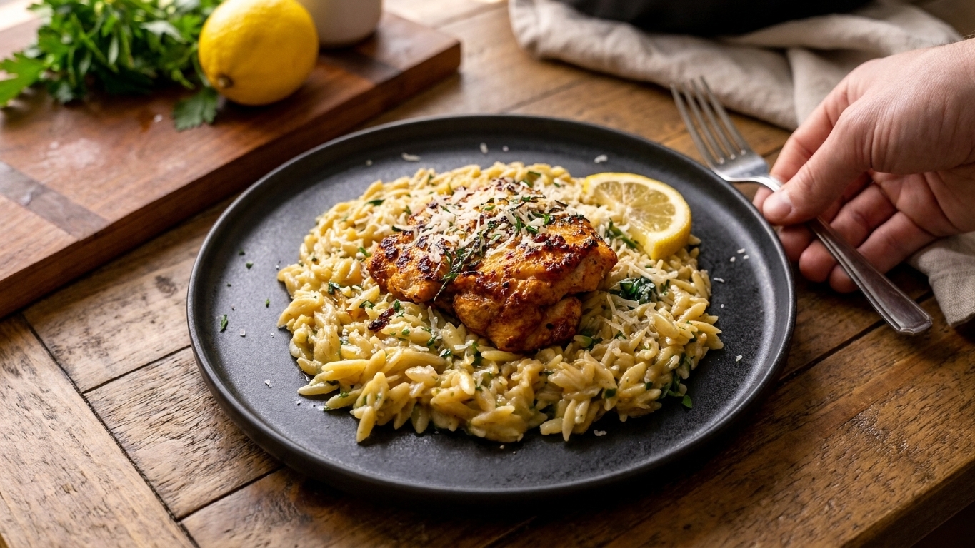 A plated serving of lemon garlic chicken thigh with silky orzo and spinach, finished with Parmesan and parsley on a simple dinner plate at a kitchen table