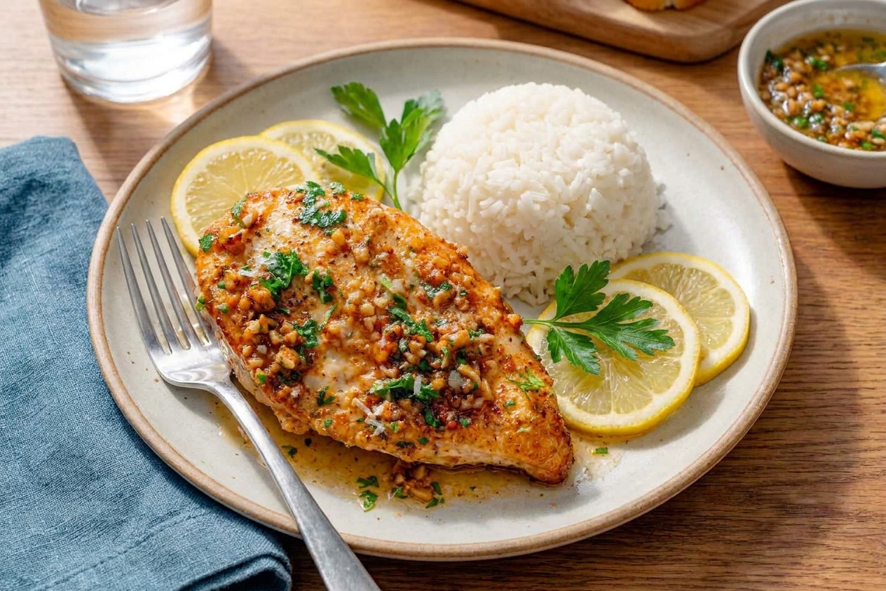 A plated serving of lemon garlic chicken with parsley and lemon slices, served alongside rice on a simple dinner table setting