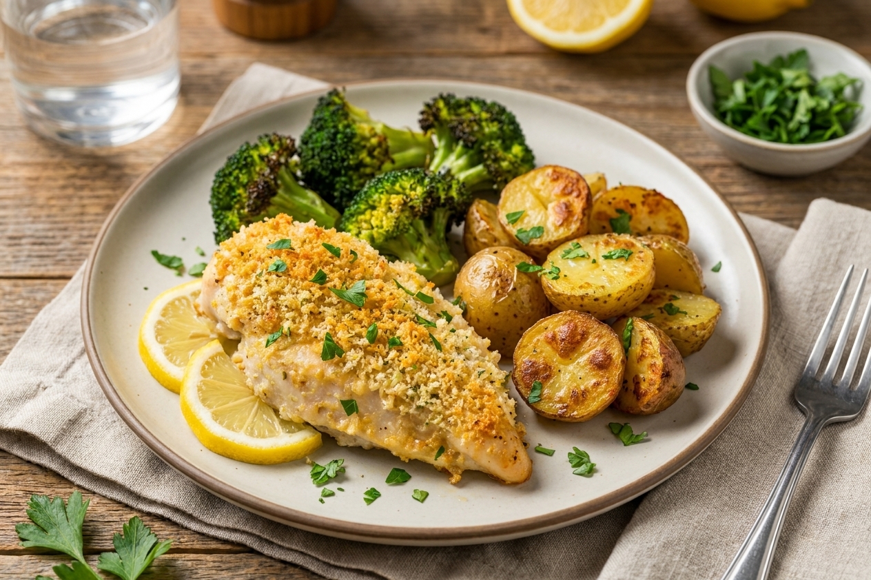 A plated serving of lemon garlic chicken with roasted baby potatoes and charred broccoli on a simple dinner plate at a softly lit table setting