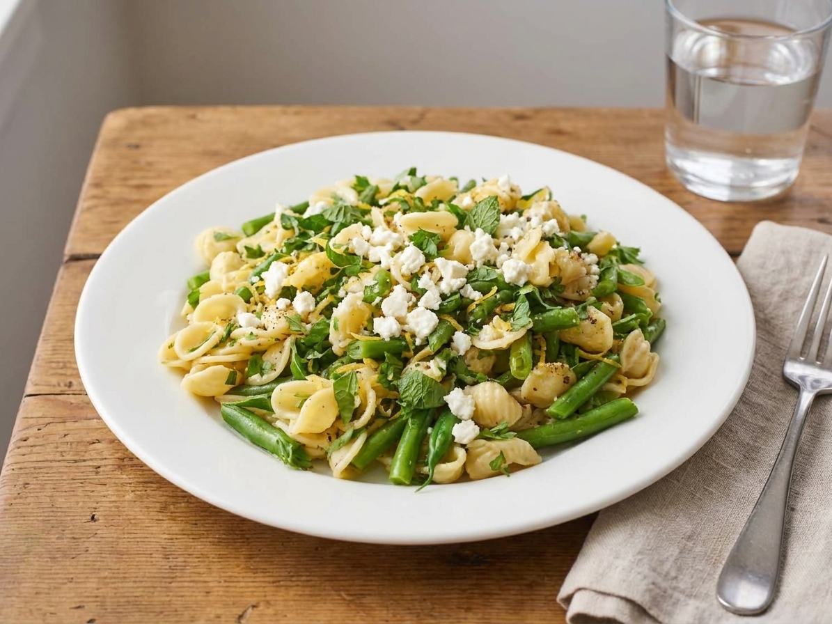 A plated serving of lemon herb pasta salad topped with crumbled feta and fresh basil on a simple dinner table setting