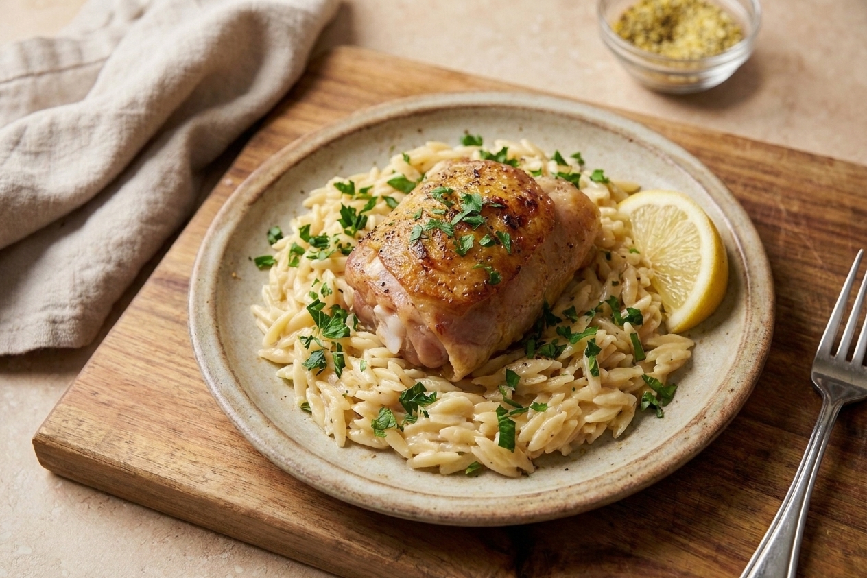 A plated serving of lemon pepper chicken over buttery orzo topped with chopped parsley and served with a lemon wedge