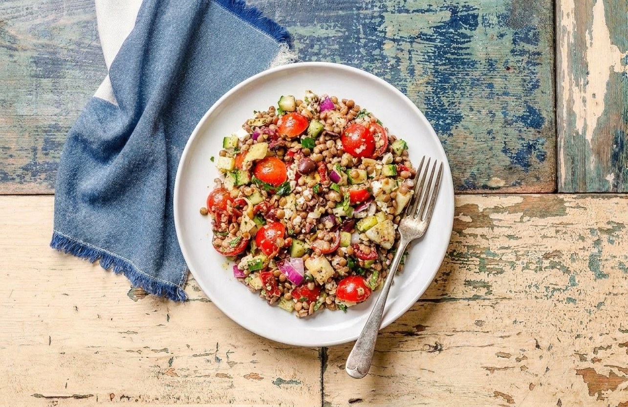 A plated serving of lentil salad topped with feta and herbs on a white plate with a fork, set on a simple table with a linen napkin